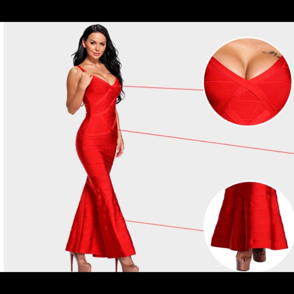 Red V-Neck Fishtail Bandage Formal Evening Dress